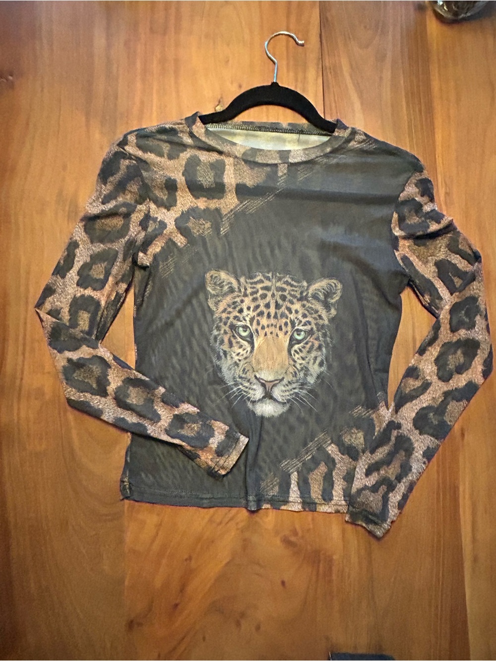 Mesh Leopard Print Long-Sleeve Top